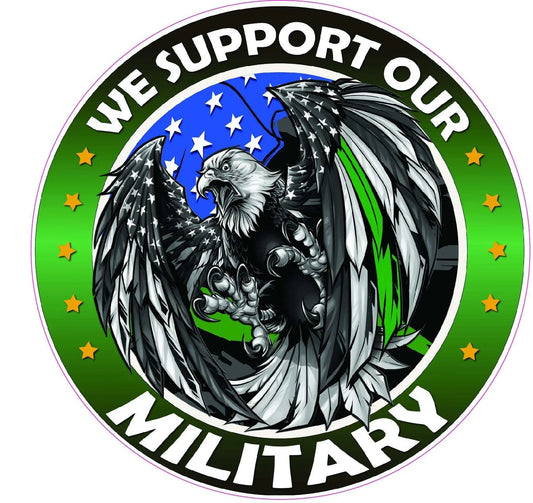 Thin Green Line military eagle decal with American flag, "We Support Our Military" text.