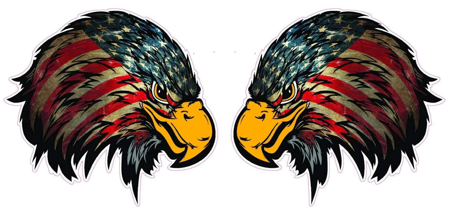 Weathered American flag eagle head decal pair with bold yellow beak and fierce eyes