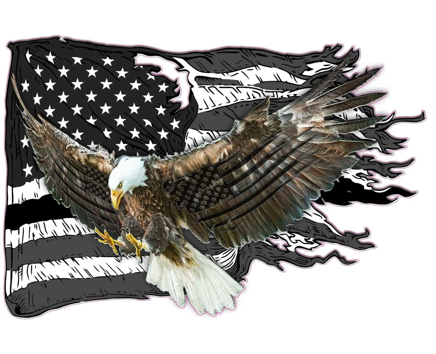 American Flag bald eagle black worn decal with flying eagle and distressed flag design