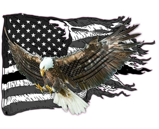 American Flag bald eagle black worn decal with flying eagle and distressed flag design