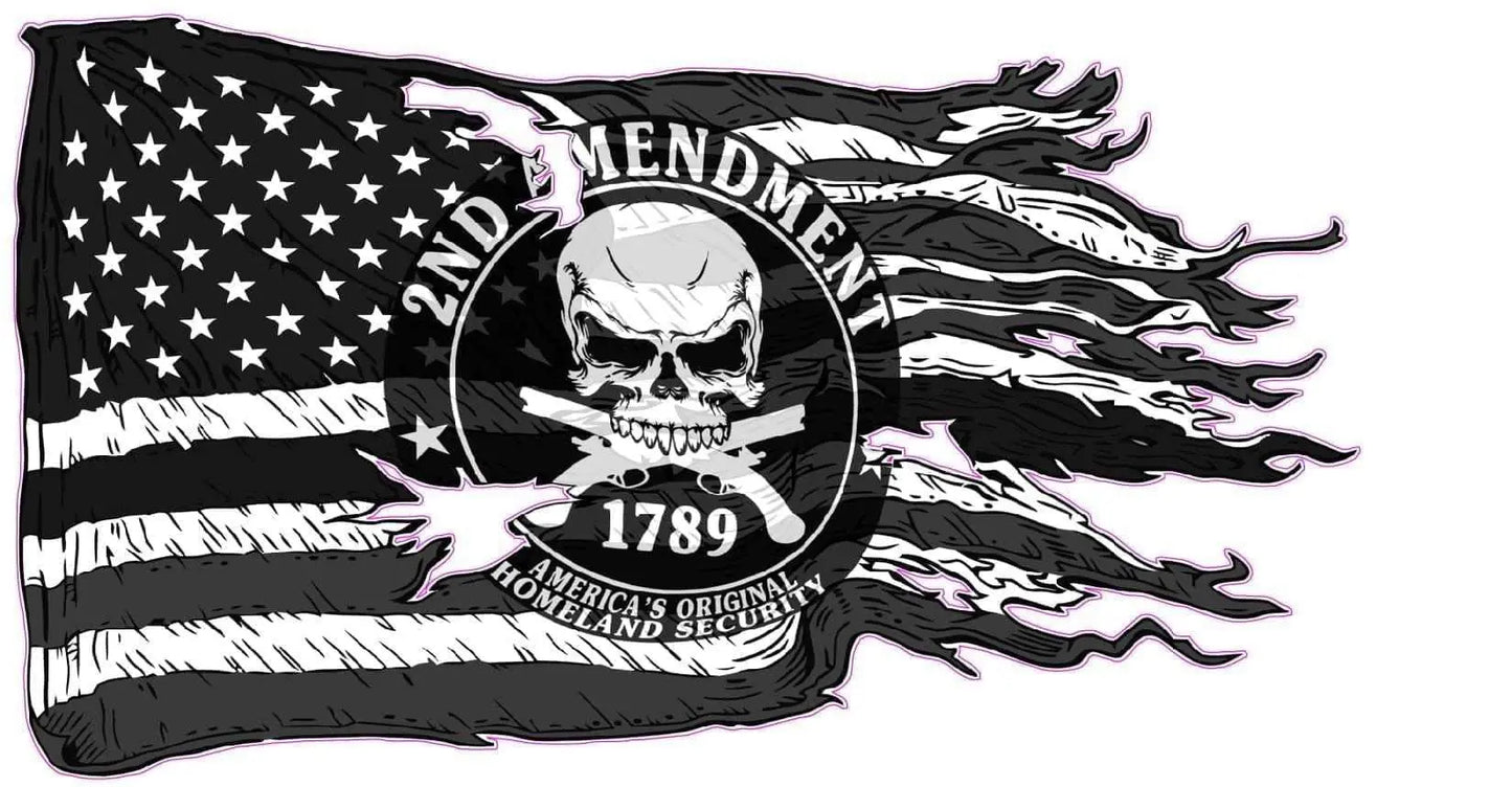 American ripped flag 2nd Amendment decal with skull and text design.