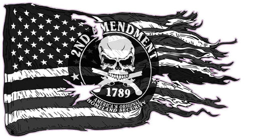 American ripped flag 2nd Amendment decal with skull and text design.