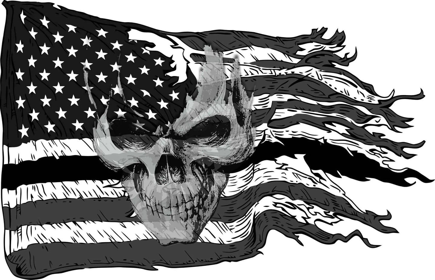 American ripped flag black and white decal with skull design.