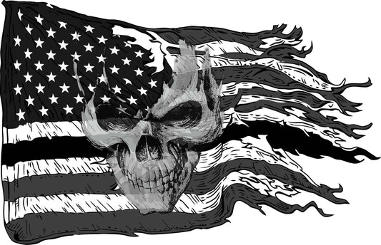 American ripped flag black and white decal with skull design.