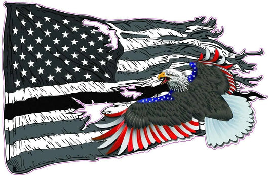 American worn flag colored bald eagle decal, durable outdoor vinyl, patriotic design.