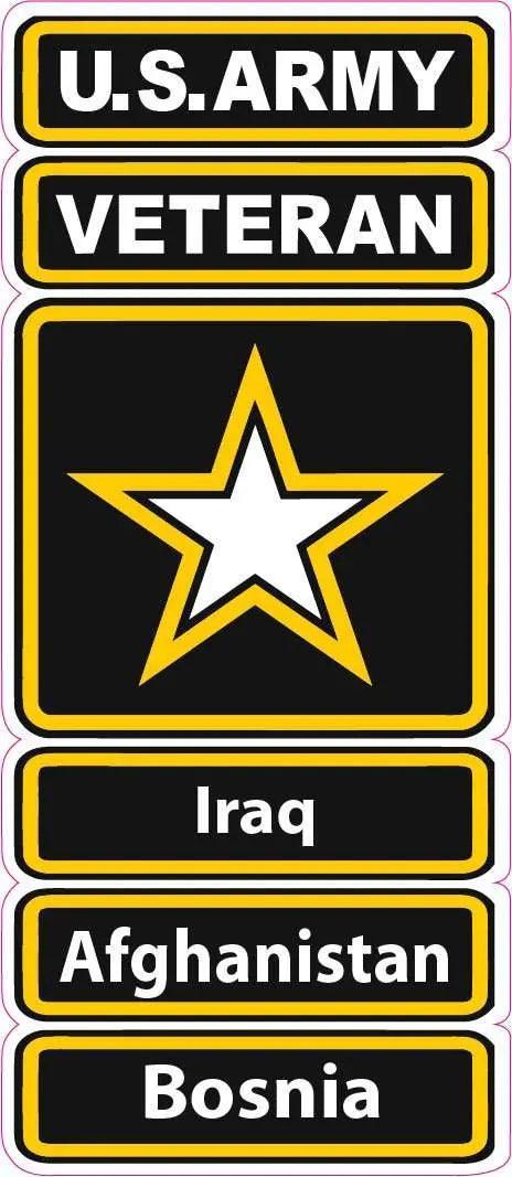 U.S. Army Veteran decal with Iraq, Afghanistan, Bosnia, and star symbols in black and yellow colors