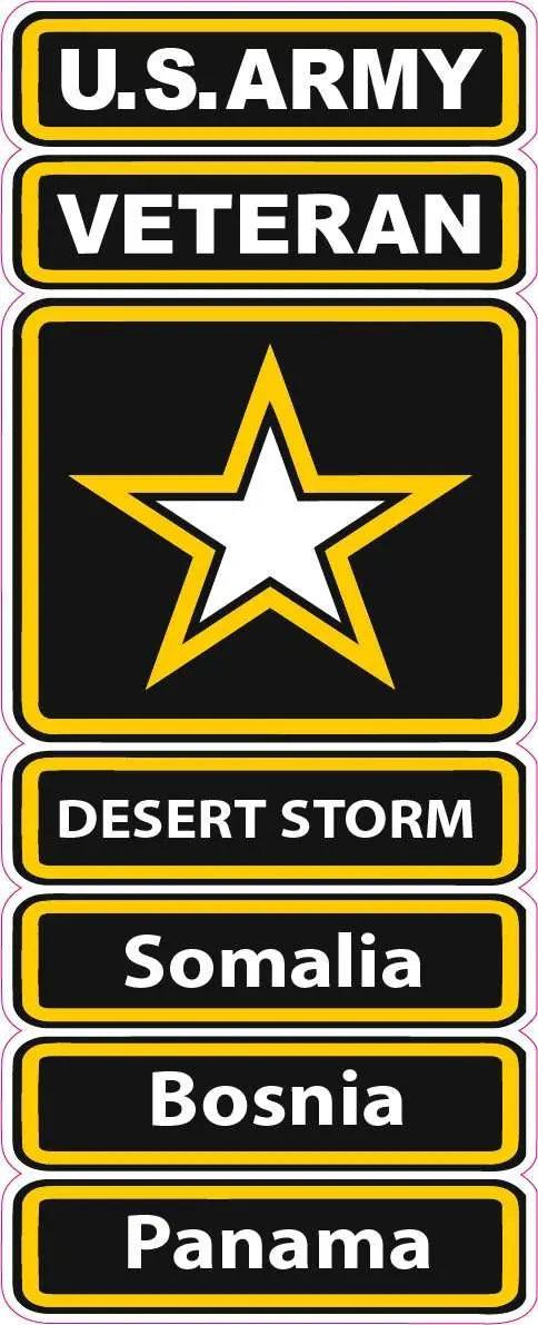 U.S. Army Veteran decal with Desert Storm, Somalia, Bosnia, and Panama text and star emblem