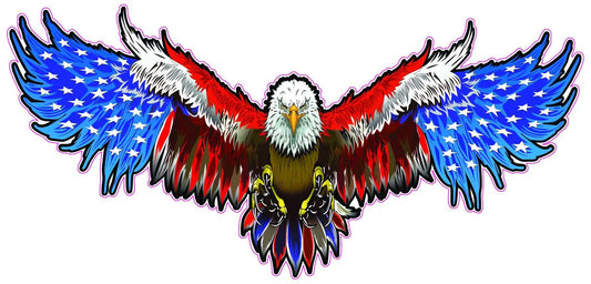 Bald eagle with American flag wings decal, durable vinyl, outdoor use.