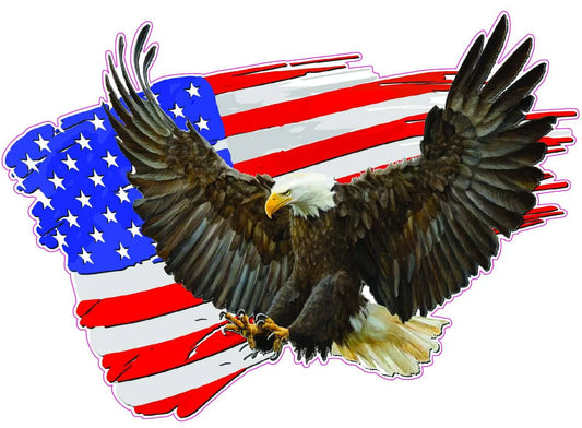 Brushed American Flag with Soaring Eagle Decal, high-quality outdoor vinyl, 3-year warranty, made in USA.