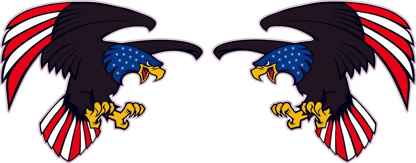 American flag cartoon eagle decals facing each other with patriotic colors and design.