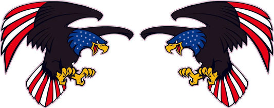 American flag cartoon eagle decals facing each other with patriotic colors and design.