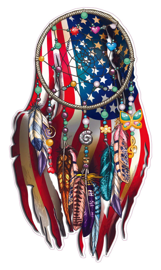 Dream Catcher American Flag decal with colorful feathers.