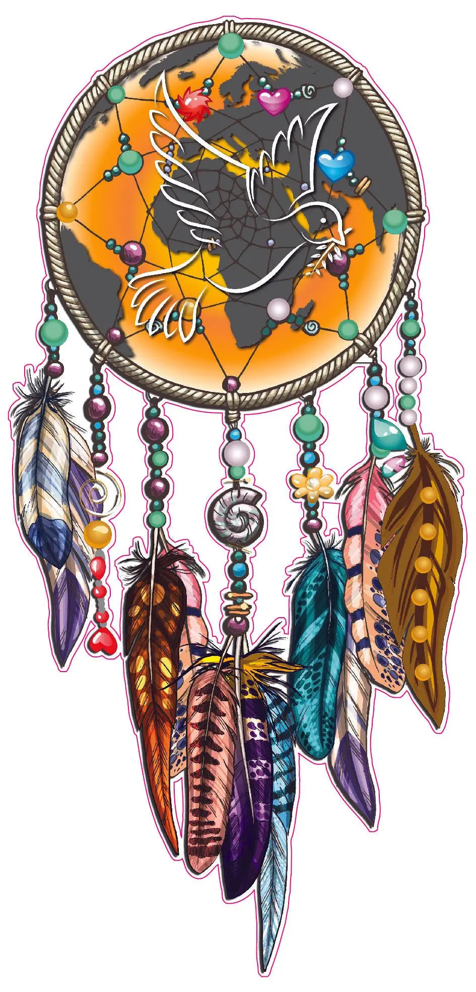 Dream Catcher Peace on Earth decal with colorful feathers.