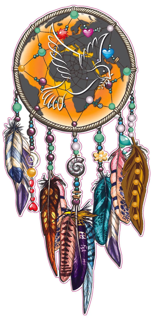 Dream Catcher Peace on Earth decal with colorful feathers.