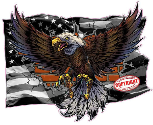 Bald eagle with black American flag and brick wall decal sticker.
