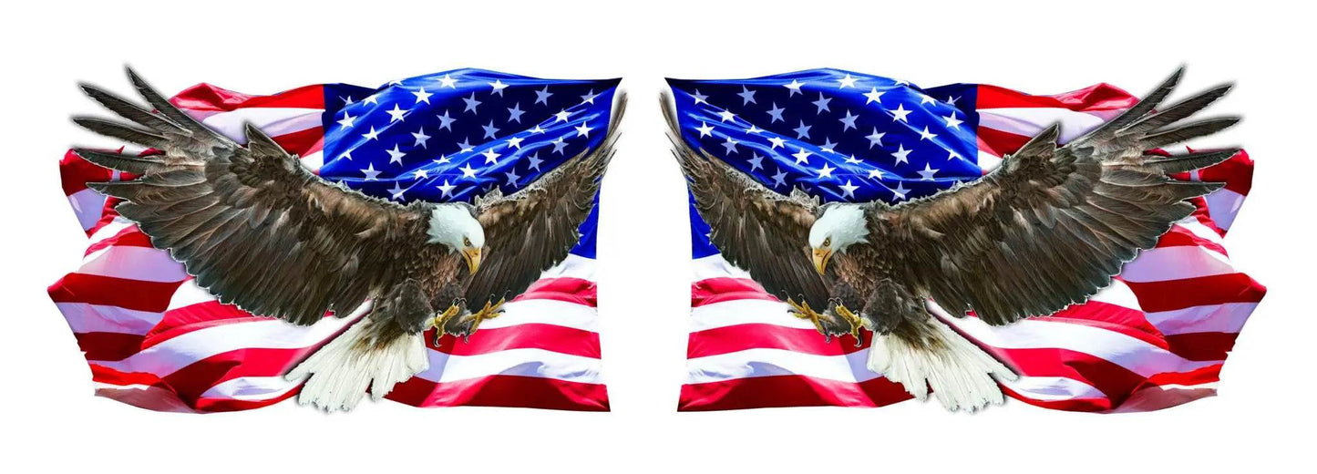 Pair of Eagle Clean American Flag decals with bald eagles and waving American flags