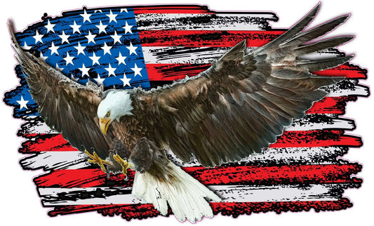 Eagle with worn American flag graphic decal.