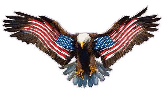 Bald eagle decal with worn American flag design on wings.