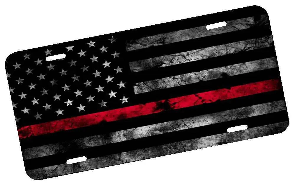 First Responders Subdued American Flag license plate with red line on durable aluminum.