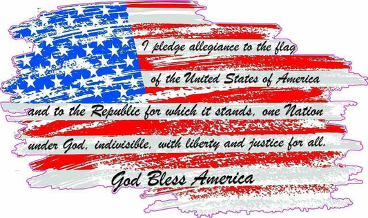 American Flag decal with National Anthem pledge text and God Bless America message