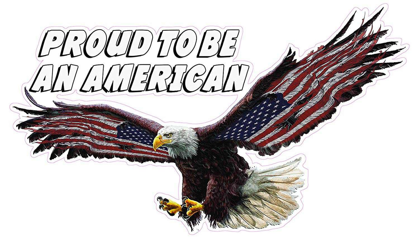 Proud To Be An American white lettering decal with American flag winged eagle design.