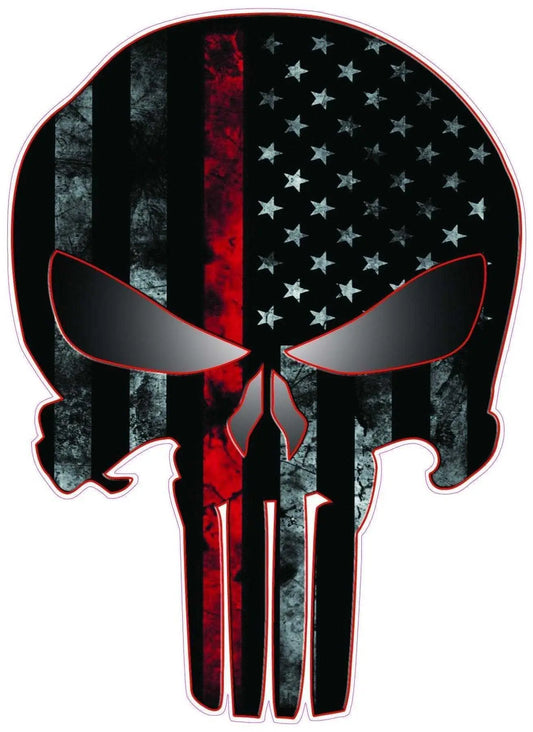 American Skull decal with distressed black, red, and American flag design.