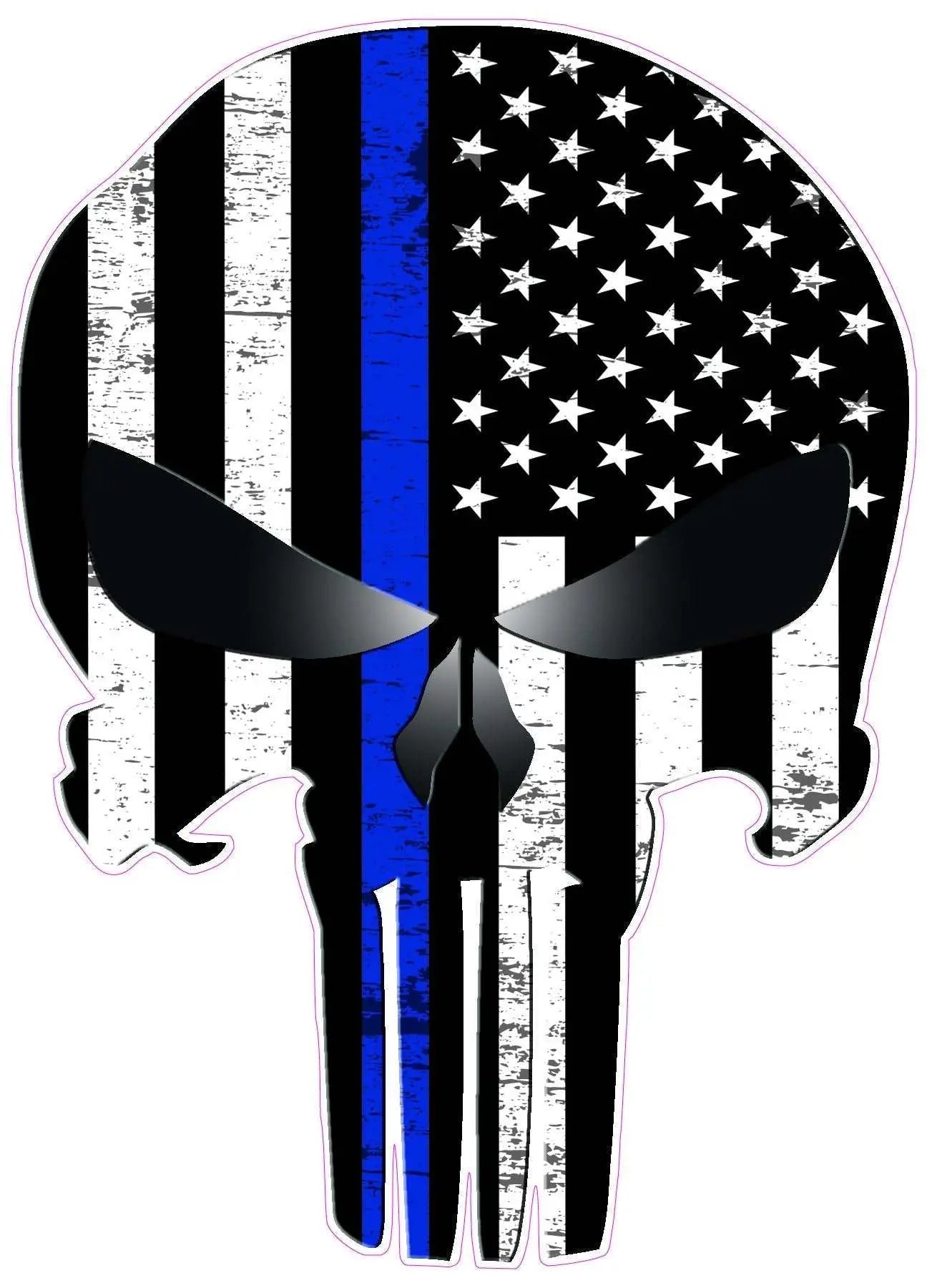 Skull American Subdued Thin Blue Line Decal with flag design, durable vinyl for outdoor use.