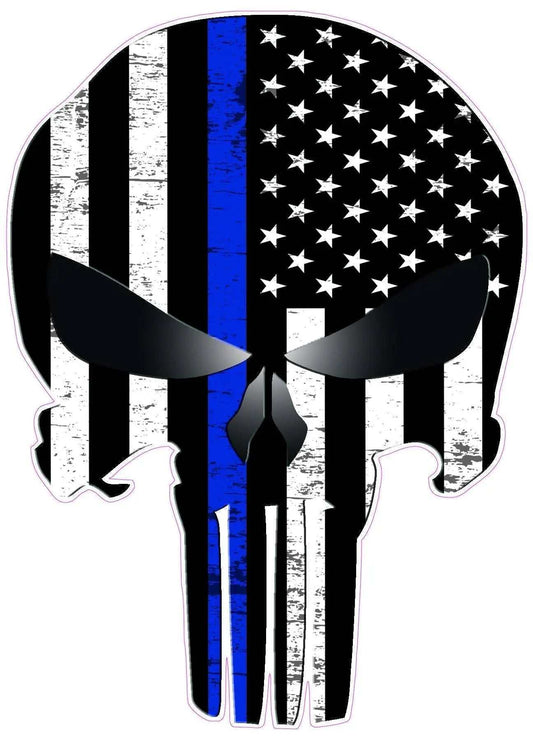 Skull American Subdued Thin Blue Line Decal with distressed American flag design and blue line stripe
