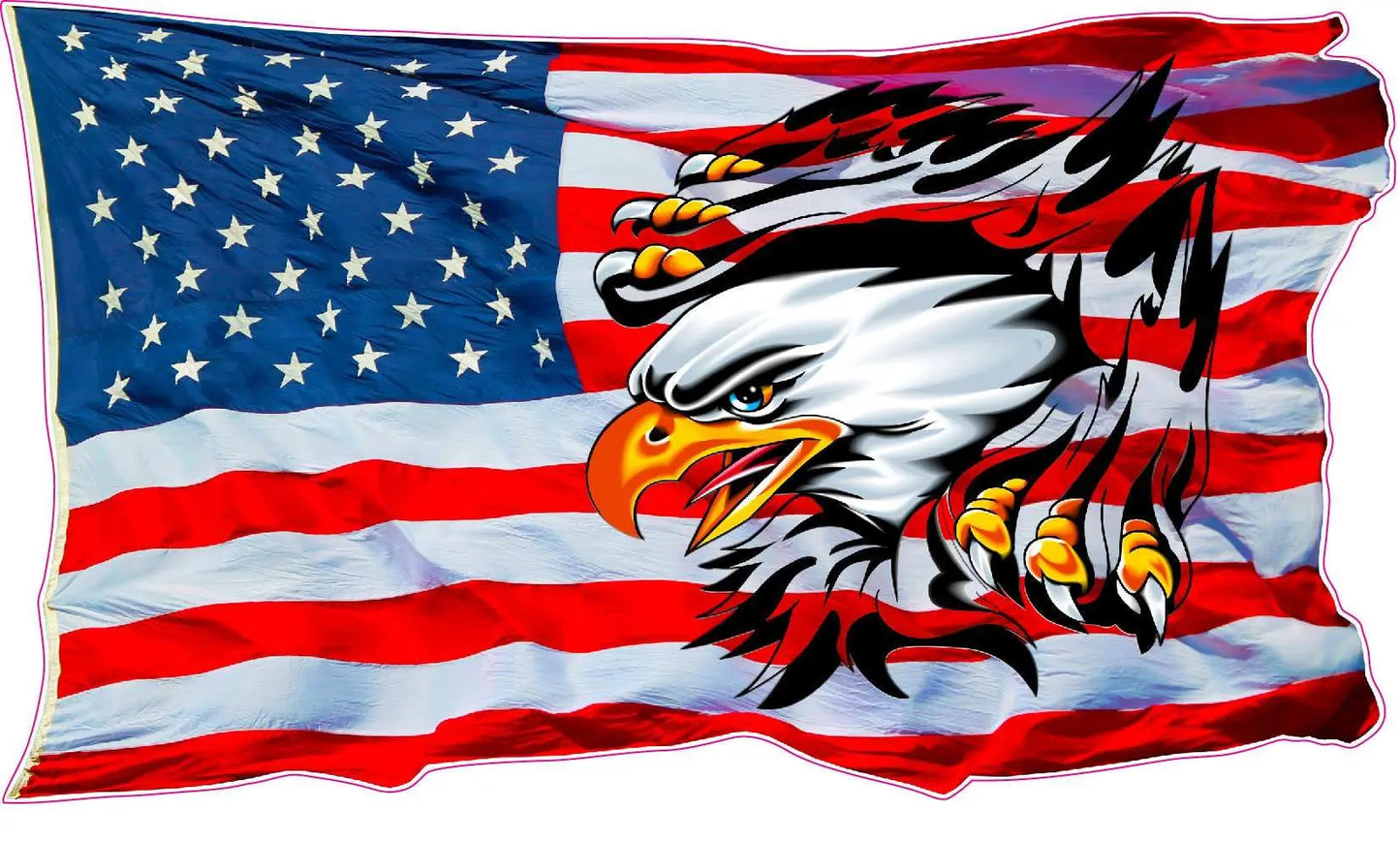 Ripped American Flag with Bald Eagle Decal, patriotic design, outdoor vinyl.