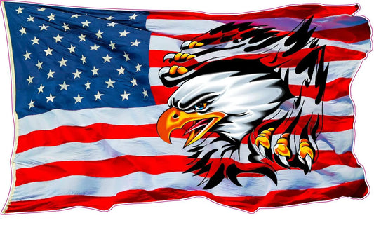 Ripped American Flag with Bald Eagle Decal, patriotic design, outdoor vinyl.
