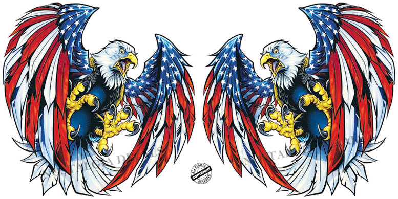 Pair of screaming bald eagle decals with American flag wings in red, white, and blue colors