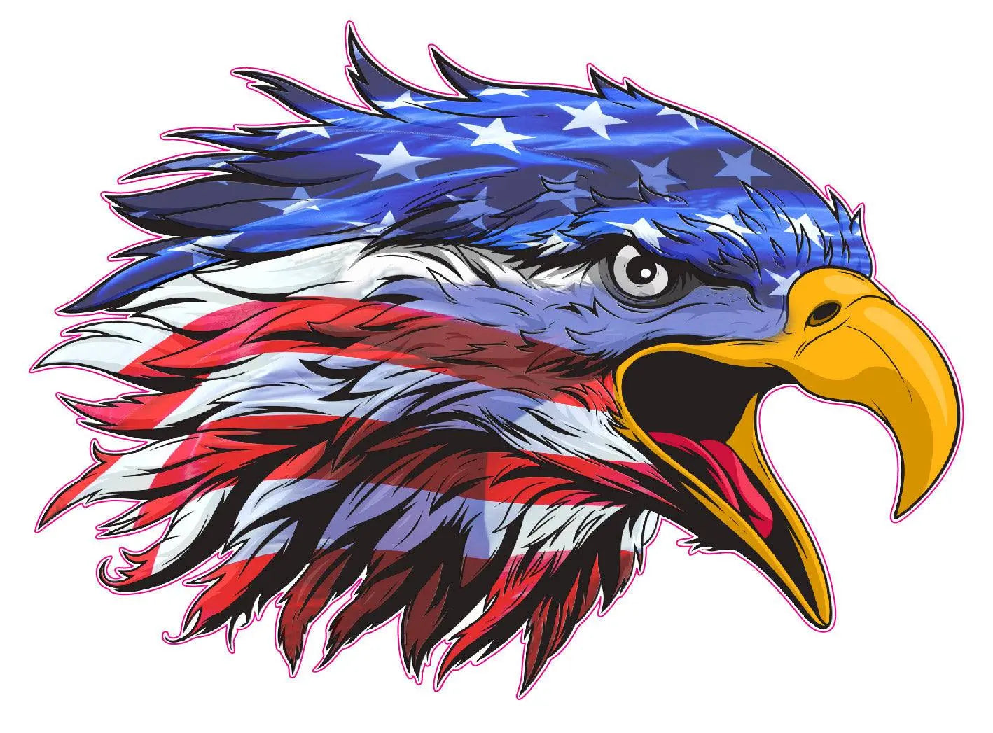 Screaming American flag bald eagle head decal with vibrant colors.