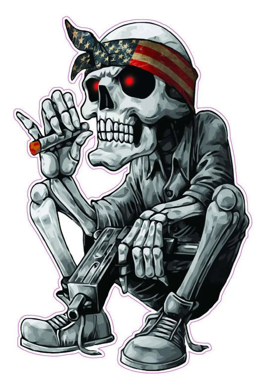 Skeleton wearing American flag bandana decal, durable for outdoor use.