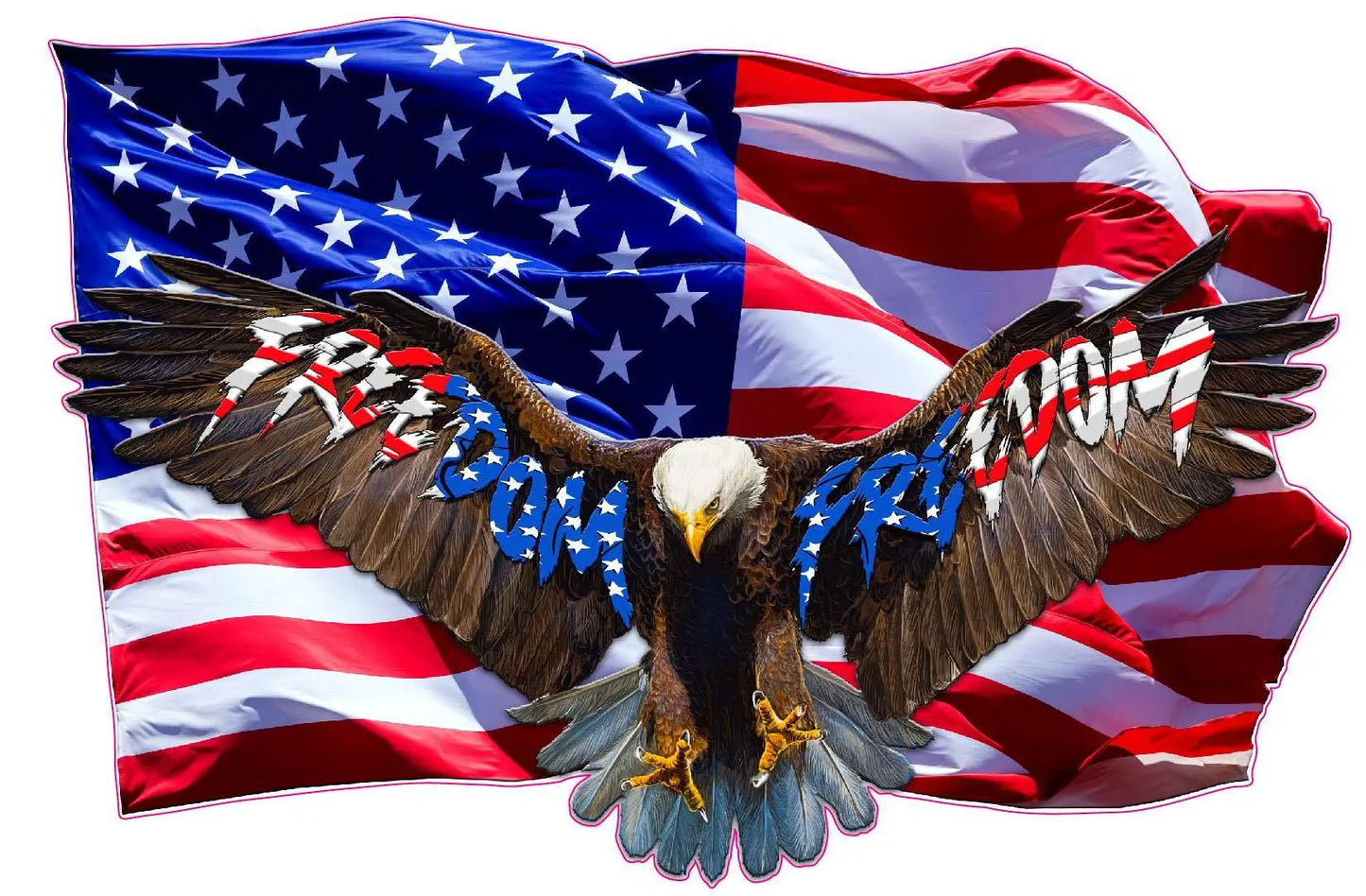 Soaring bald eagle with "Freedom" text over American flag background decal.