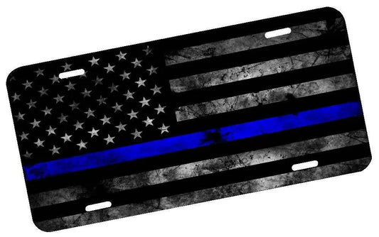 Thin Blue Line subdued American flag license plate with black and gray stripes and a single blue stripe