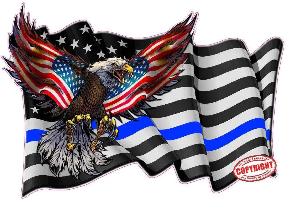 Thin Blue Line waving American Flag Eagle decal symbolizing law enforcement support and patriotism