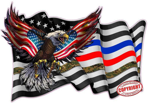 Thin Green Blue Red Line decal featuring an eagle with American flag wings on a black and white striped background with green, blue, and red lines.