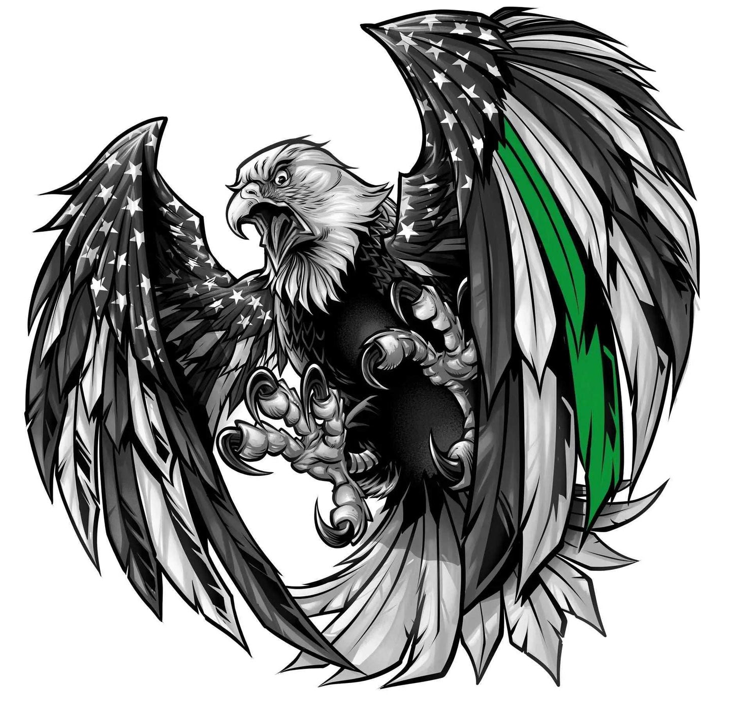 Thin Green Line American flag eagle decal with bold green stripe and black and white design