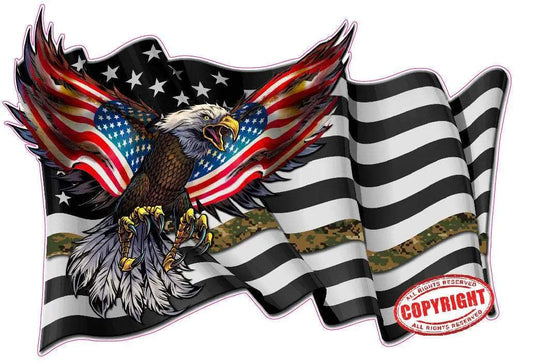 Thin Green Line Military decal with eagle and waving American flag design