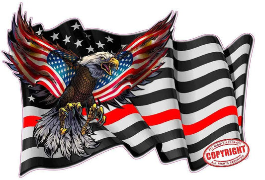 Thin Red Line decal with waving American flag and eagle symbolizing honor and courage