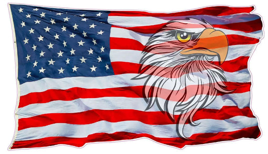 Waving American flag with eagle head decal design.