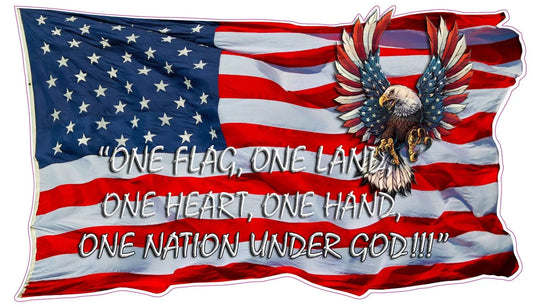 Waving American Flag decal with bald eagle and patriotic quote.