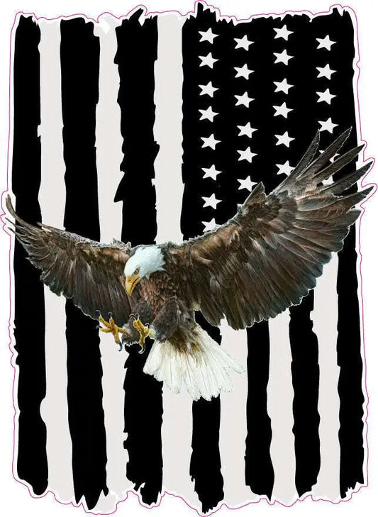 Worn black American flag bald eagle decal, patriotic graphic design.