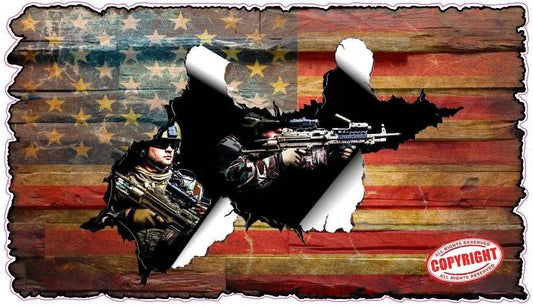 Patriotic worn plank wood American flag decal sticker with soldiers and copyright stamp