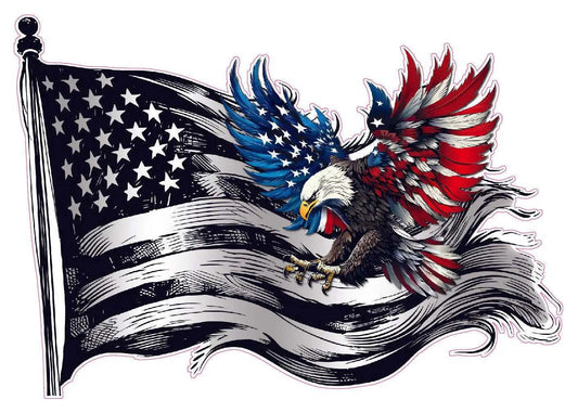 American flag black and white decal with colorful bald eagle on worn design