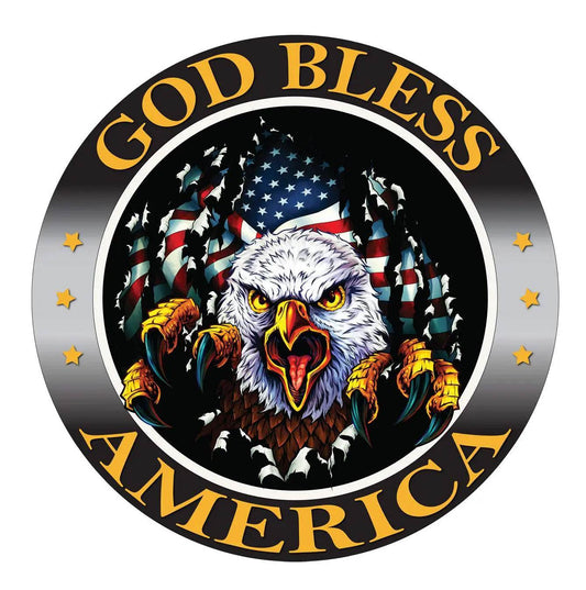 God Bless America patriotic decal ripping through design for vehicles and laptops