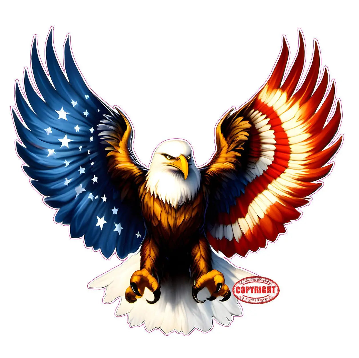 Patriotic American flag eagle wings decal with 3-year outdoor warranty.