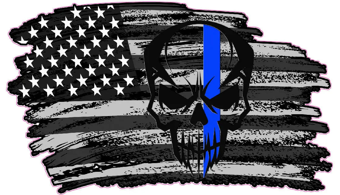 thumbnail interactive-video image 1 of Black & White American Flag Thin Blue Line Decal – 3.75x2.25 Inches – Sticker Tiger 1 of 4