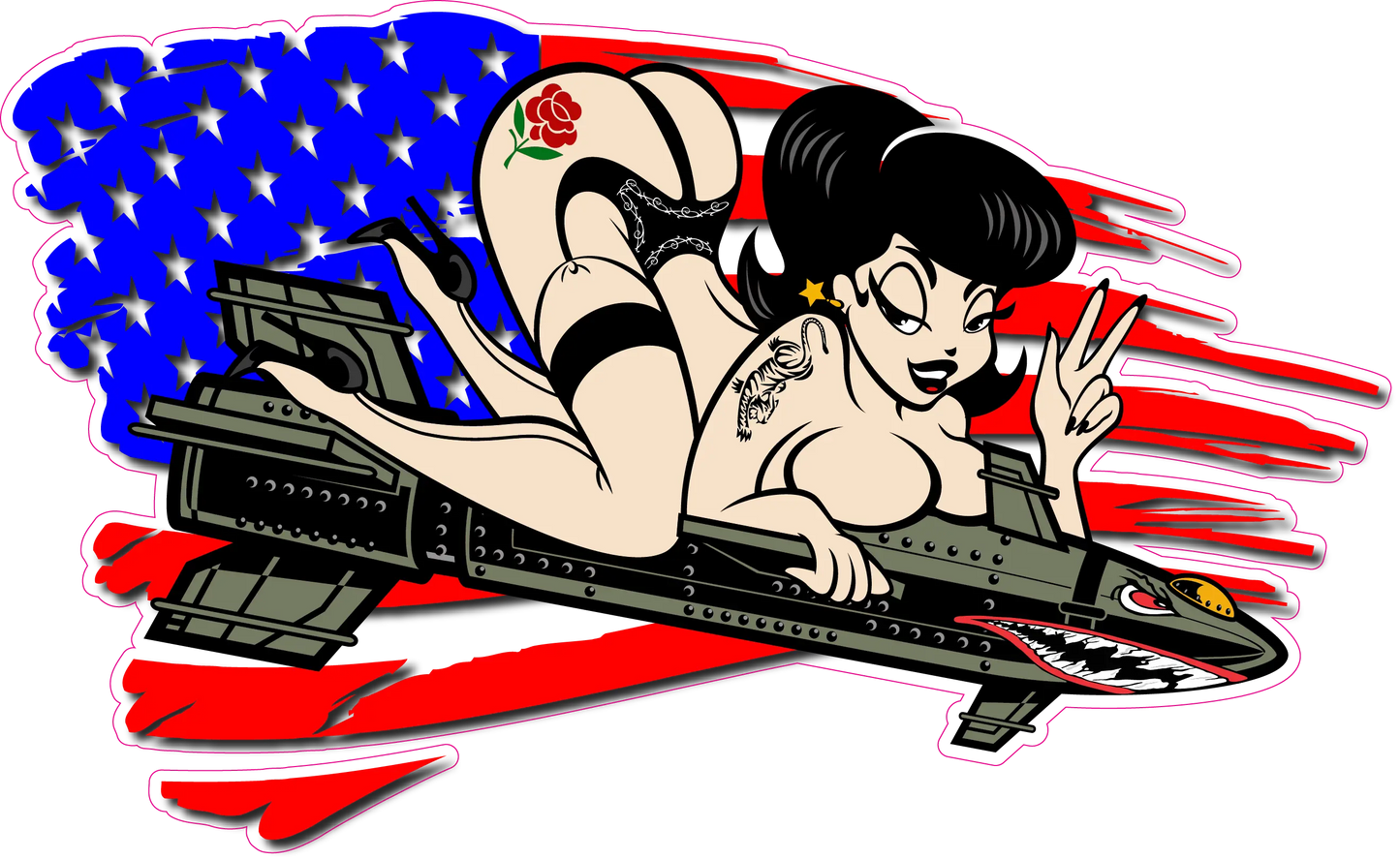 black worn flag patriotic eagle head decal with pin-up girl design