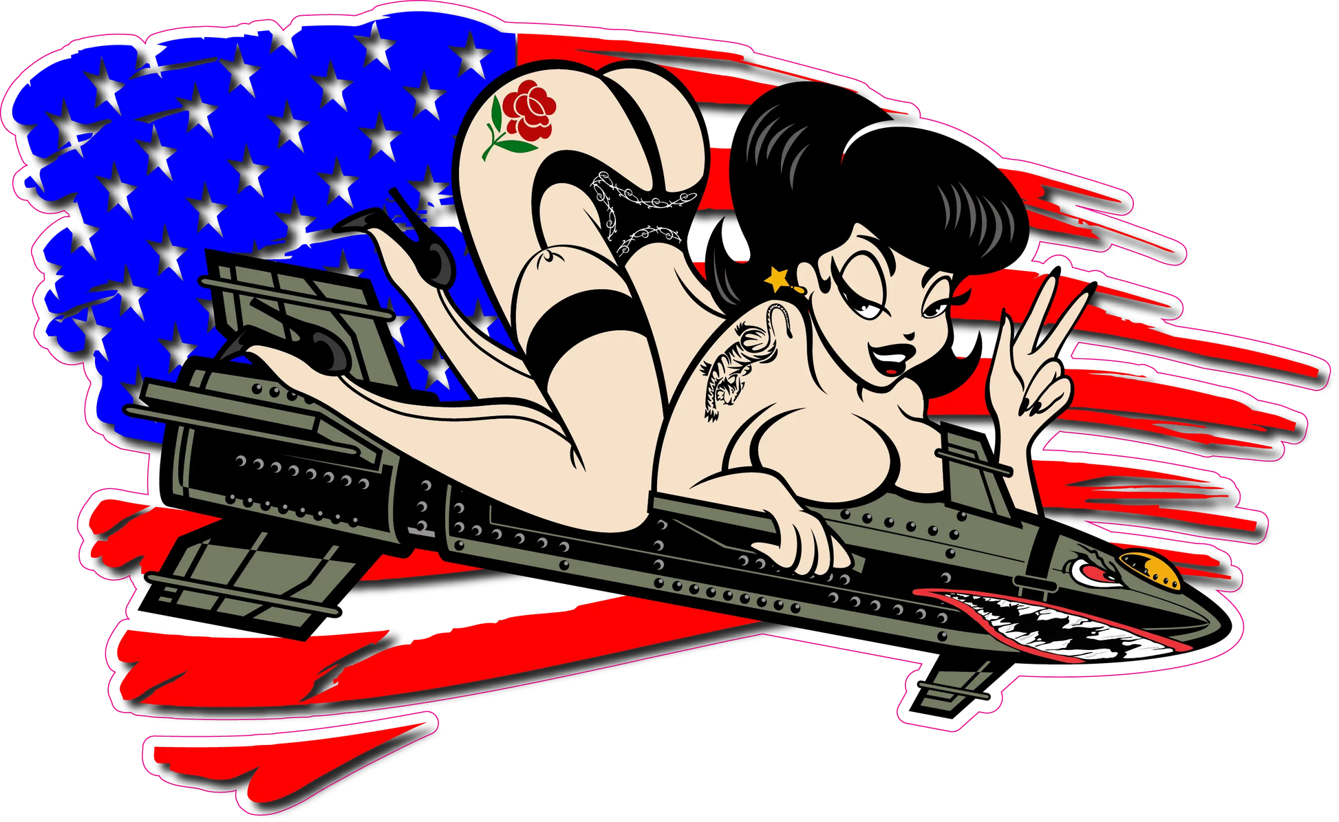 black worn flag patriotic eagle head decal with pin-up girl design